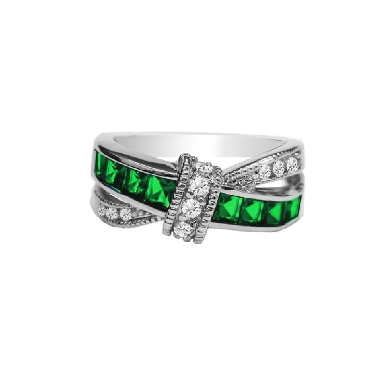 Emerald Gemstone Rings with Diamond - Encrusted HalosEmerald Gemstone Rings with Diamond - Encrusted HalosEmerald Princess Cut Crossover Love Knot Ring