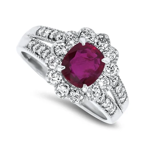 Tanzanite Gemstone Rings with Platinum Milgrain DetailingTanzanite Gemstone Rings with Platinum Milgrain Detailing1.71ct Natural Ruby and Diamond Cluster Ring in 18ct White Gold