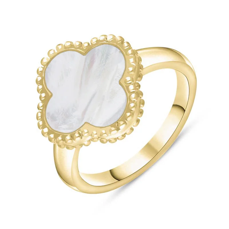 Braided Metal Wedding Bands in a Contemporary Style18ct Yellow Gold White Mother of Pearl Bloom Four Leaf Clover Ball Edge Ring