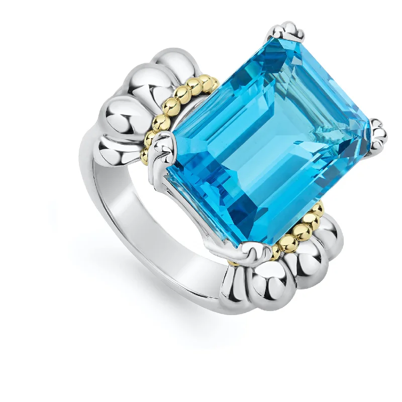 Emerald Gemstone Rings with Diamond - Encrusted HalosEmerald Gemstone Rings with Diamond - Encrusted HalosGlacier Large Emerald-Cut Swiss Blue Topaz Ring