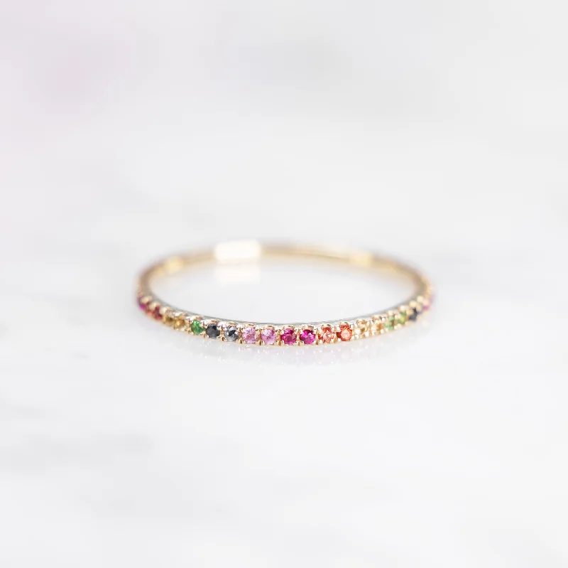 Laser - Cut Wedding Bands with Intricate Geometric PatternsDainty Rainbow Eternity Band | 14-Karat