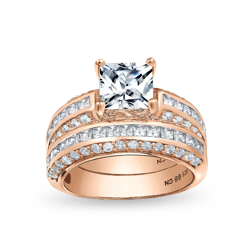 Custom - Engraved Wedding Bands with Personalized MessagesArt Deco Blue Princess Cut Cocktail Statement Ring Rose Gold Sterling Silver