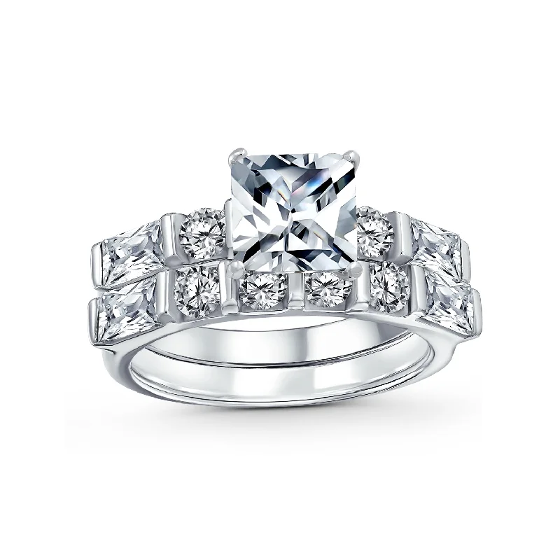 Vintage - Inspired Wedding Bands with Filigree ScrollworkTraditional CZ Baguettes Cocktail Statement Ring with 2CT Princess Cut Solitaire