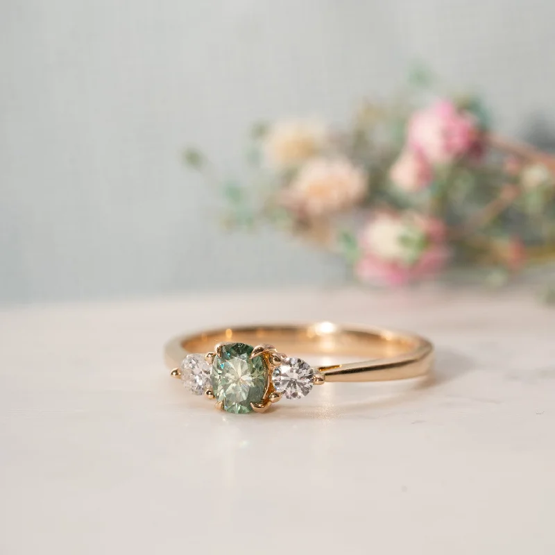 Morganite Gemstone Rings with Rose Gold AccentsMorganite Gemstone Rings with Rose Gold AccentsThe Tabitha Ring | Seafoam Green Oval Moissanite & Lab Diamond Trilogy