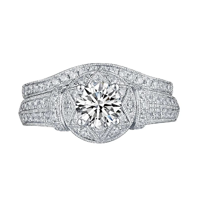 Laser - Cut Wedding Bands with Intricate Geometric PatternsWhite Gold Round Engagement Ring S201672A and Band S201672B