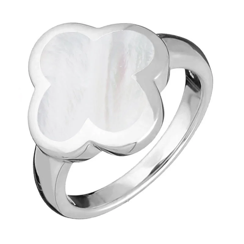 Tungsten Carbide Wedding Bands with Matte Black Finishes18ct White Gold White Mother of Pearl Bloom Four Leaf Clover Ring