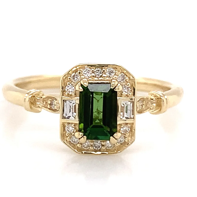 Emerald Gemstone Rings with Diamond - Encrusted HalosEmerald Gemstone Rings with Diamond - Encrusted Halos9ct Yellow Gold Earth Grown 0.60ct Emerald Cut Green Tourmaline with White Sapphire & Diamond Ring