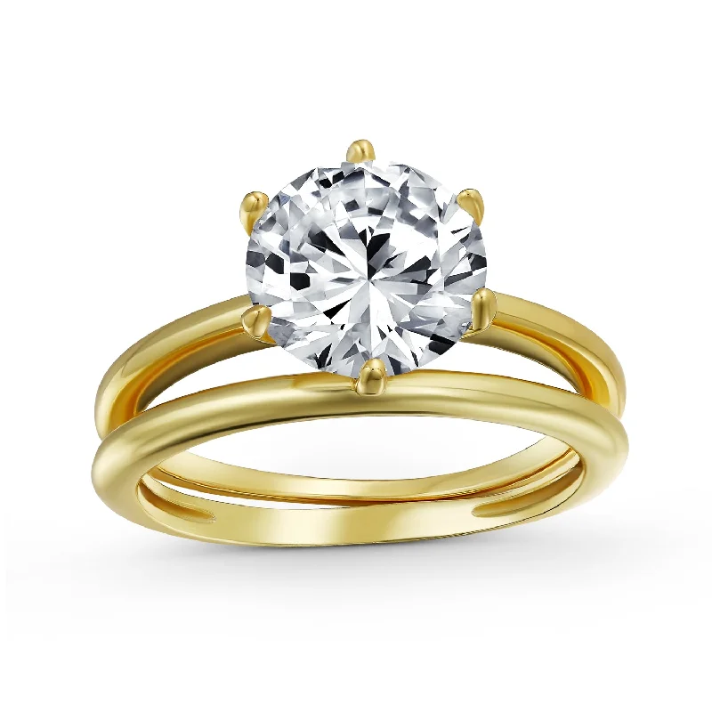 Two - Tone Wedding Bands Combining Yellow Gold and PalladiumTraditional Etoile Cocktail Statement Ring 3CTW Round Solitaire 6 Prong CZ Yellow Gold