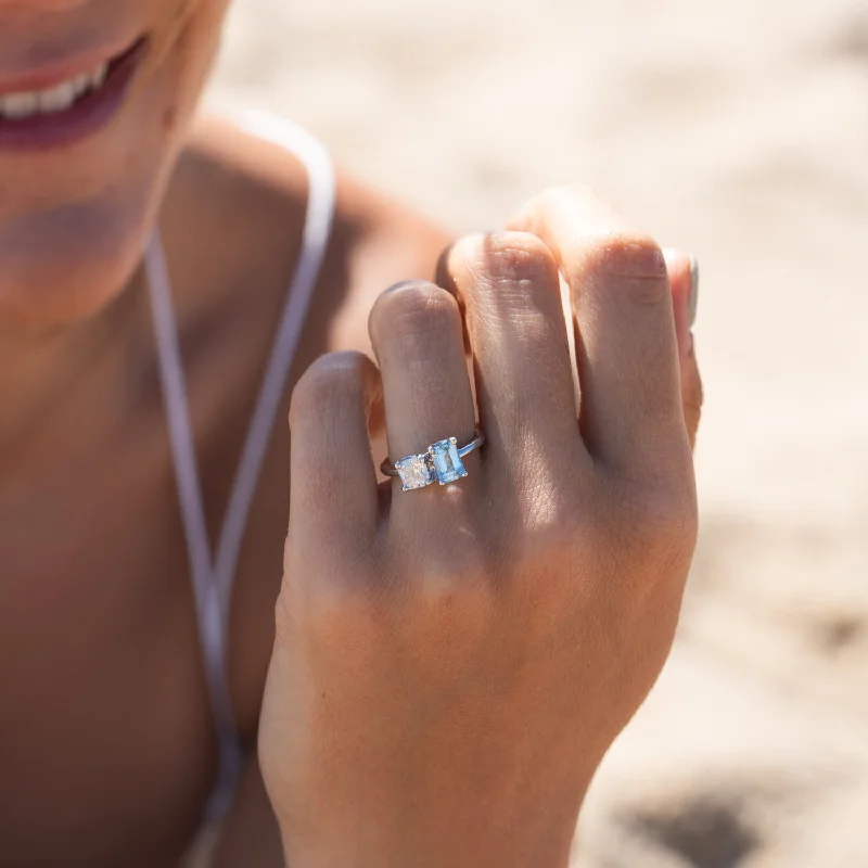 Agate Gemstone Rings with a Banded and Textured DesignAgate Gemstone Rings with a Banded and Textured DesignThe Marilyn Ring | 2.05ct Chatham® Aqua Spinel & Lab Diamond Toi Et Moi