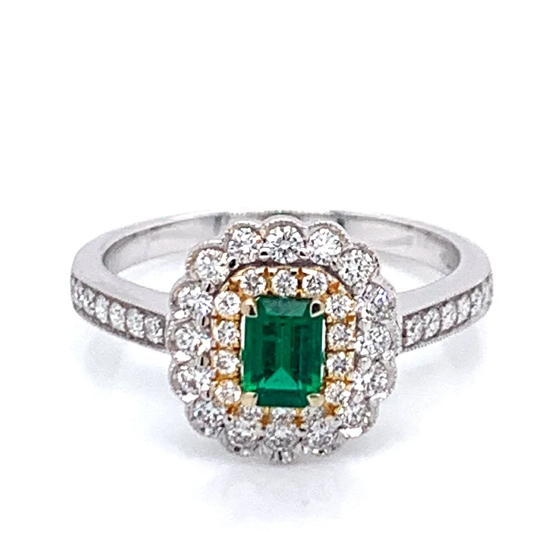 Emerald Gemstone Rings with Diamond - Encrusted HalosEmerald Gemstone Rings with Diamond - Encrusted HalosEarth Grown Emerald and Diamond,  Yellow & White 18ct Gold Ring