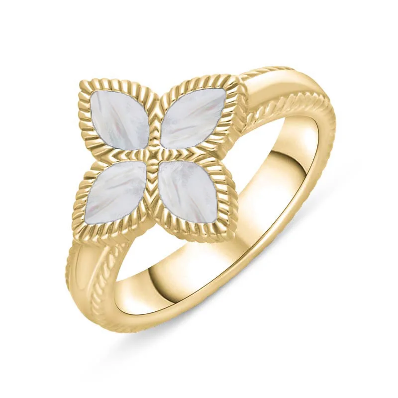 Two - Tone Wedding Bands Combining Yellow Gold and Palladium9ct Yellow Gold White Mother of Pearl Eden Marquise Flower Ring