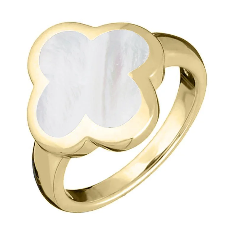 Cobalt Chrome Wedding Bands with High - Polish Shines18ct Yellow Gold White Mother of Pearl Bloom Four Leaf Clover Ring