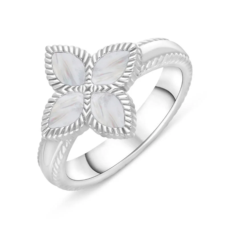 Hand - Forged Silver Wedding Bands with Celtic Knotwork Designs18ct White Gold White Mother of Pearl Eden Marquise Flower Ring