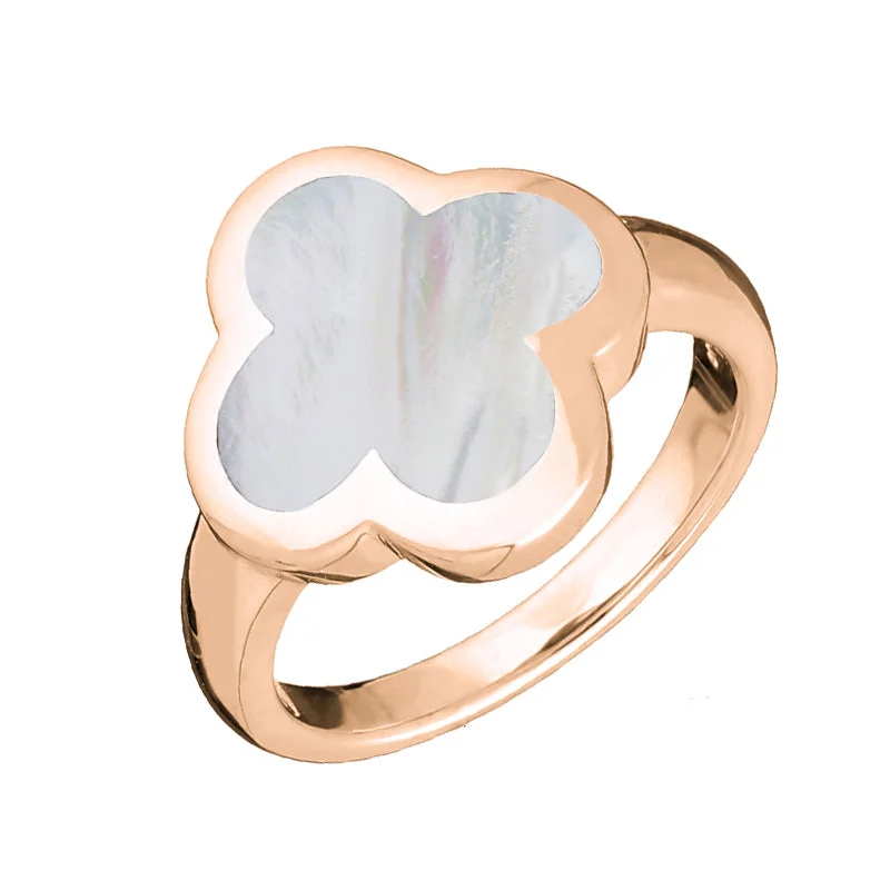 Vintage - Inspired Wedding Bands with Filigree Scrollwork9ct Rose Gold White Mother of Pearl Bloom Four Leaf Clover Ring