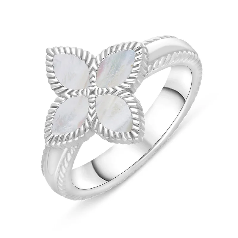 Cobalt Chrome Wedding Bands with High - Polish ShinesSterling Silver White Mother of Pearl Eden Marquise Flower Ring