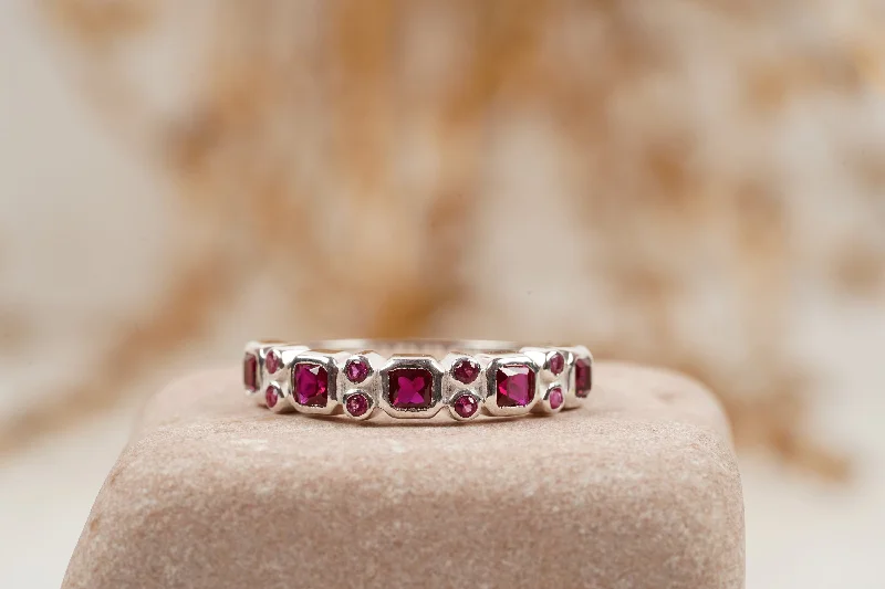 Custom - Engraved Wedding Bands with Personalized MessagesPrincess Cut Ruby July Birthstone Wedding Band