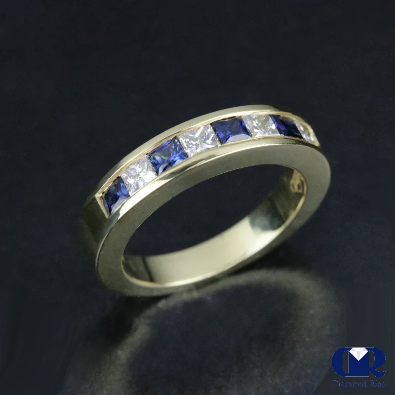 Sapphire - Inset Wedding Bands with a Royal Blue Hue0.90 Carat Diamond Princess Cut & Sapphire Wedding Band Anniversary Ring 14K Gold