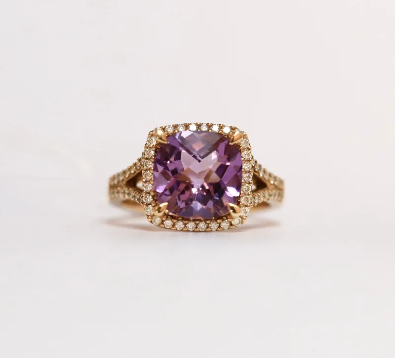 Sapphire Gemstone Rings in a Victorian - Inspired DesignSapphire Gemstone Rings in a Victorian - Inspired Design18ct Yellow Gold Cushion Cut Amethyst Ring with Diamond Halo