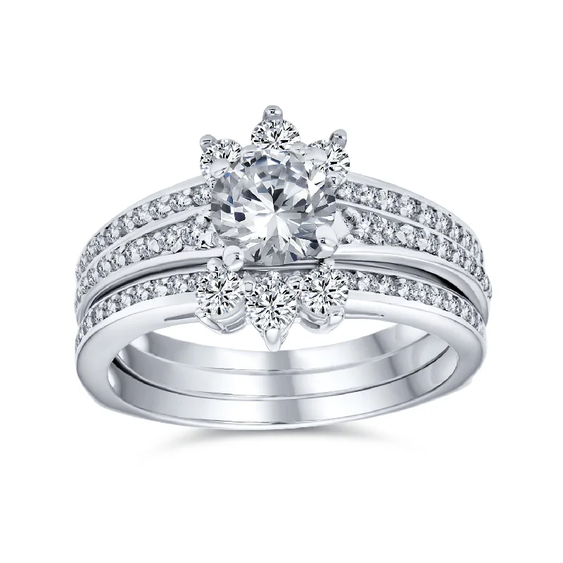 Braided Metal Wedding Bands in a Contemporary StyleClassic 1.5CT CZ Cocktail Statement Ring with Floral Halo and Pave Band in Silver