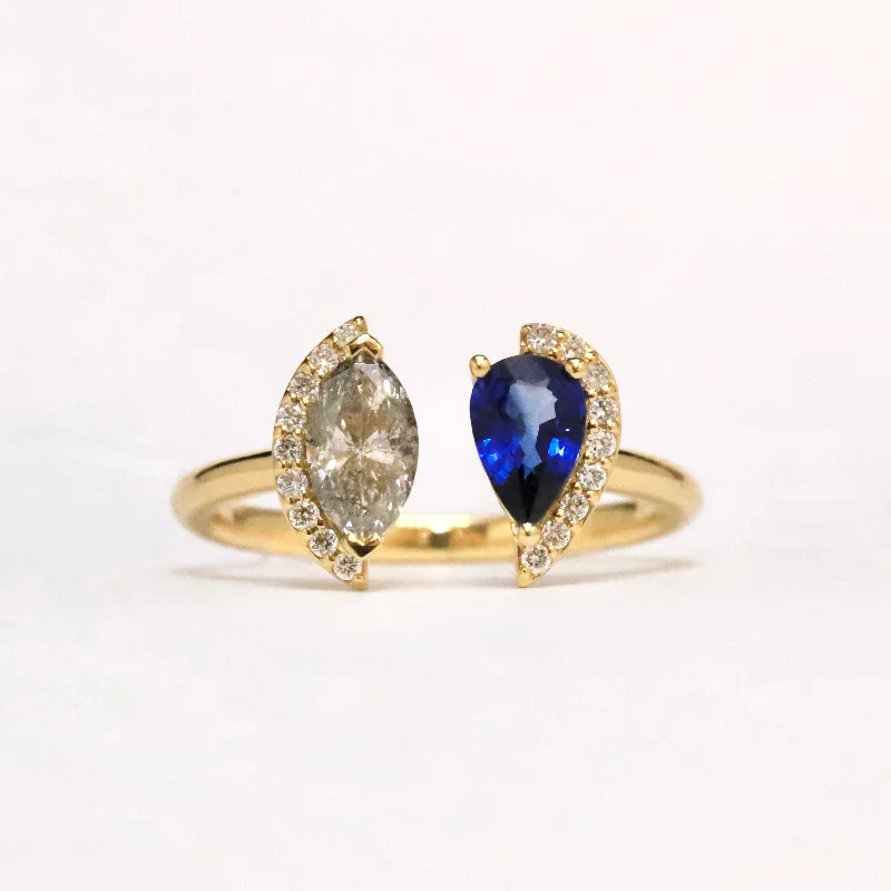 Tanzanite Gemstone Rings with Platinum Milgrain DetailingTanzanite Gemstone Rings with Platinum Milgrain Detailing18ct Yellow Gold Marquise Cut Salt & Pepper & Pear Sapphire Angel Wing Ring