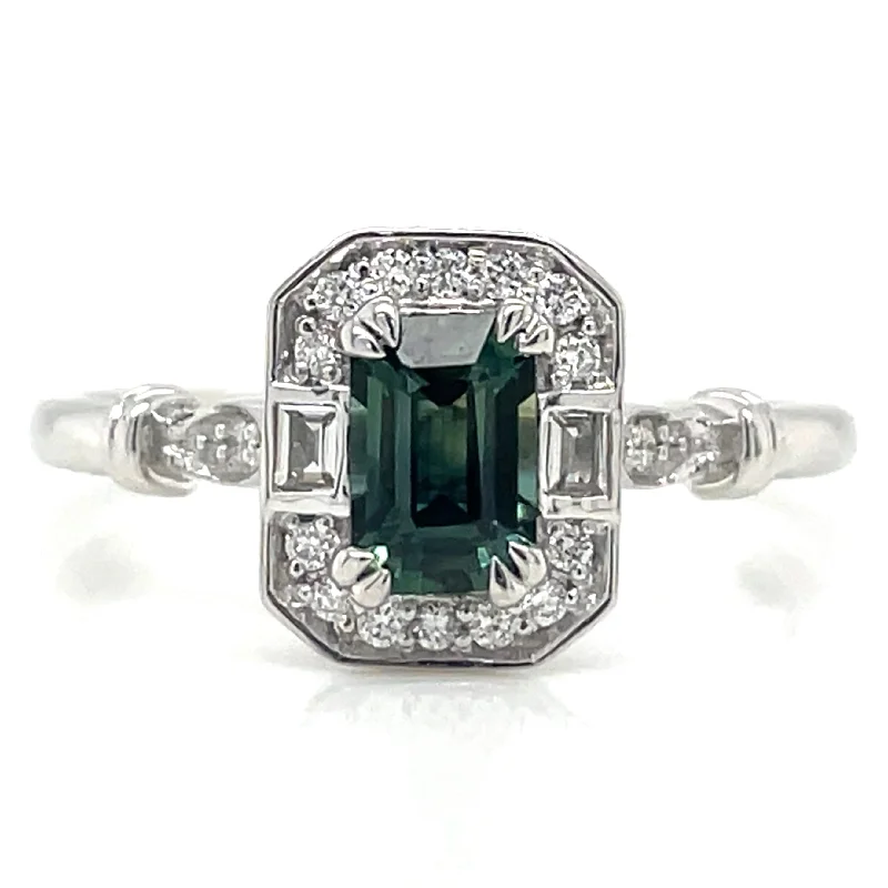 Emerald Gemstone Rings with Diamond - Encrusted HalosEmerald Gemstone Rings with Diamond - Encrusted Halos9ct White Gold Earth Grown Emerald Cut 0.60ct Green Tourmaline with White Sapphire & Diamond Vintage Style Ring