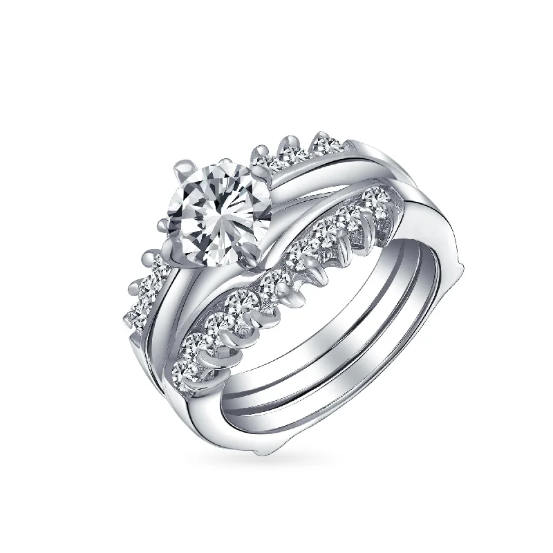 Platinum Wedding Bands with Micro - Pave Diamond AccentsCocktail Statement Ring: 1CT Round Solitaire CZ Band Guard Enhancer in Sterling Silver