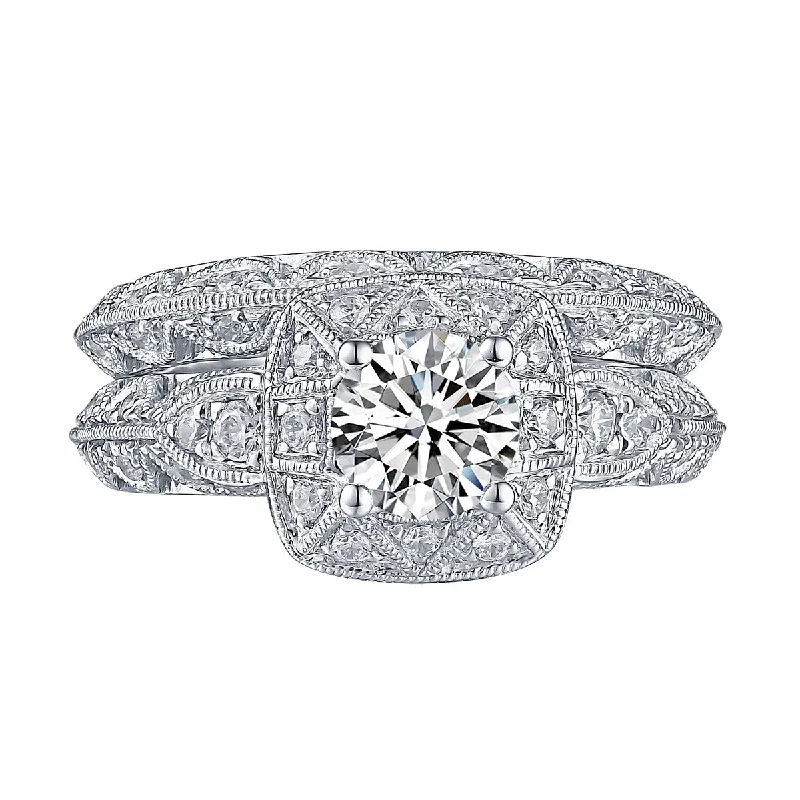 Laser - Cut Wedding Bands with Intricate Geometric PatternsWhite Gold Round Engagement Ring S201655A and Band S201655B