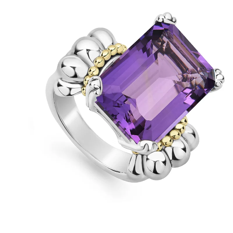 Emerald Gemstone Rings with Diamond - Encrusted HalosEmerald Gemstone Rings with Diamond - Encrusted HalosGlacier Large Emerald-Cut Amethyst Ring