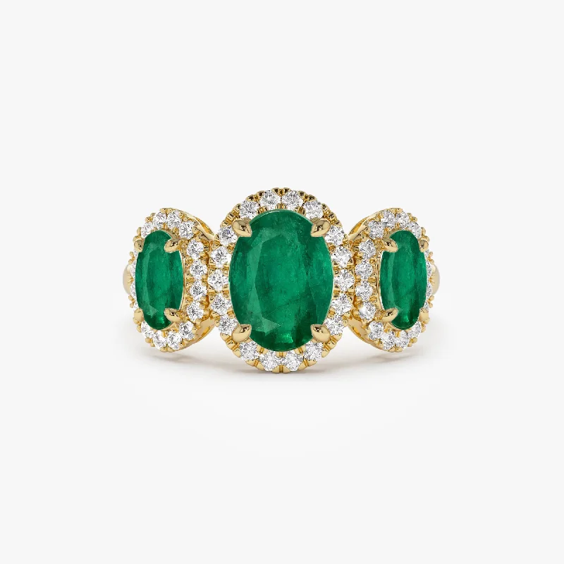 Emerald Gemstone Rings with Diamond - Encrusted HalosEmerald Gemstone Rings with Diamond - Encrusted Halos14K Three Stone Emerald Diamond Engagement Ring