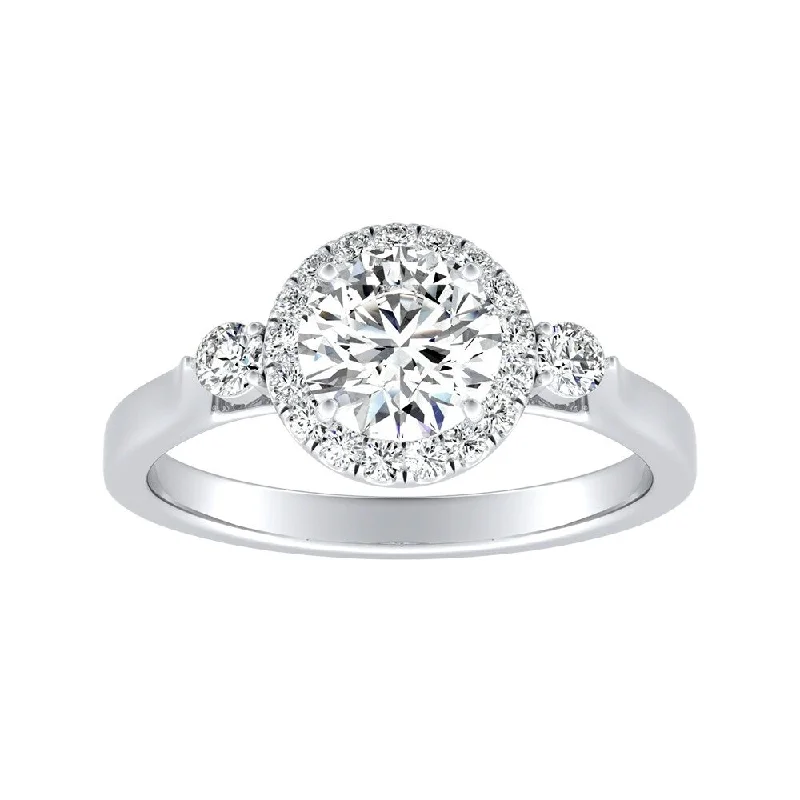 Cushion - Shaped Engagement Rings with Bead - Set DiamondsAuriya 3-Stone 2ct Round Moissanite and 1/4ct TDW Diamond Halo Engagement Ring 14K Gold (G-H, VS1-VS2)